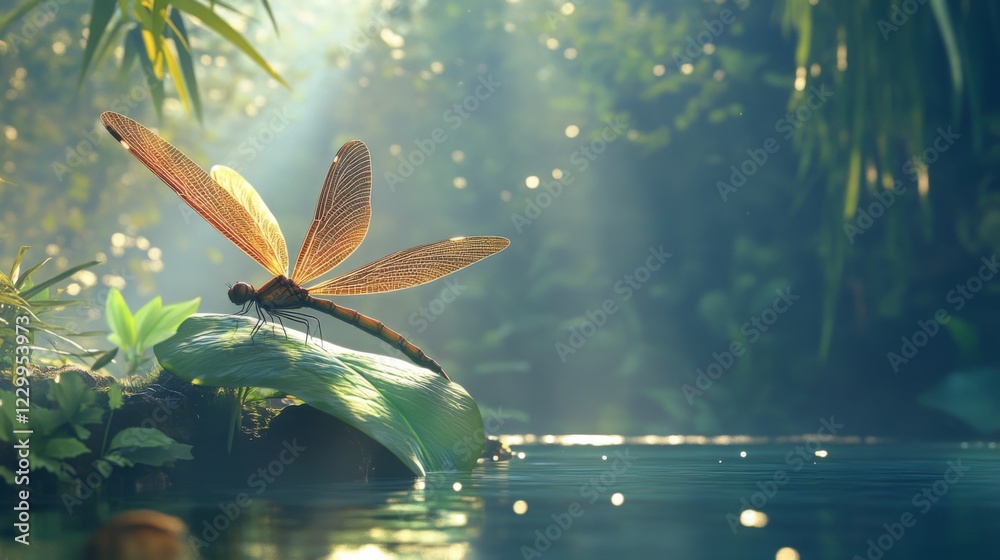 Poster a dynamic scene of a dragonfly resting on a leaf near a serene pond, with its iridescent wings glist