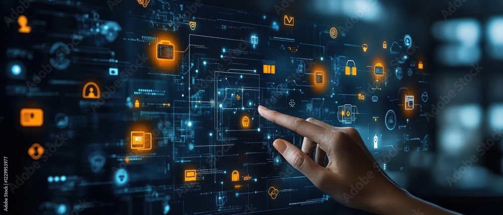 Poster hand interacting with touch screen display featuring digital user interface elements and icons
