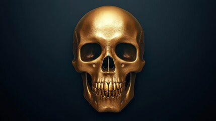 A detailed 3D rendering of a golden skull against a dark background, This striking image can be used for themes of mortality, art, or Halloween promotions