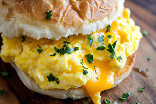 A delicious breakfast dish featuring fluffy scrambled eggs served on a soft bun, topped with a dollop of butter and garnished with fresh parsley for extra flavor