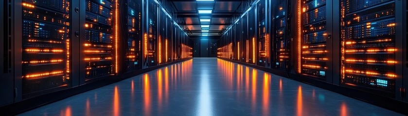 Long hallway with rows of servers in a data center environment for technology and computing storage