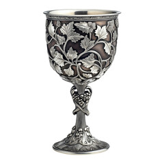 A luxurious silver goblet with intricate floral engravings and a reflective surface, exuding elegance and sophistication. Perfect for ceremonial and aristocratic settings.
