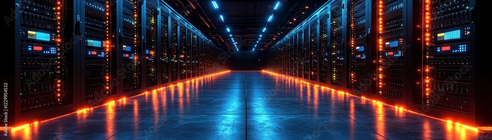 Poster long row of computer servers in a data center with led lights and networking equipment