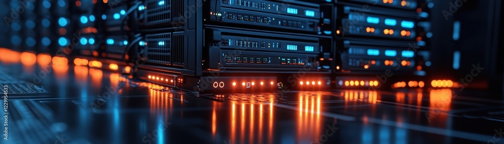 Poster computer server with multiple units in a data center environment showcasing technology infrastructur