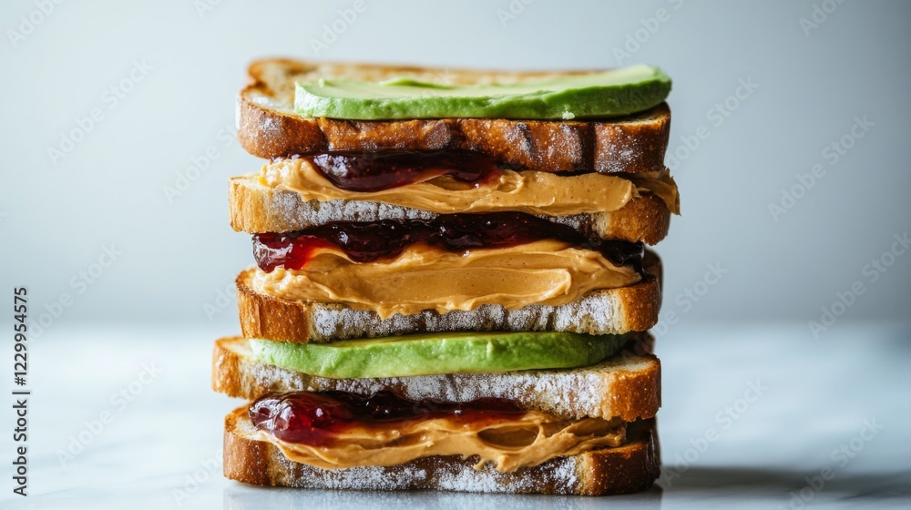 Poster A dynamic shot of a stack of toast with a variety of spreads, including avocado, peanut butter, and jam, set on a marble countertop, inviting a delightful brunch