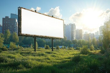 Blank billboard in urban grassy field, city skyline, sunset. Ideal for advertisements