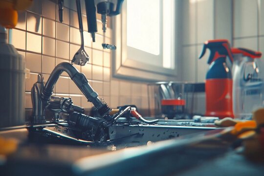 plumber repairing a broken kitchen pipe under a sink