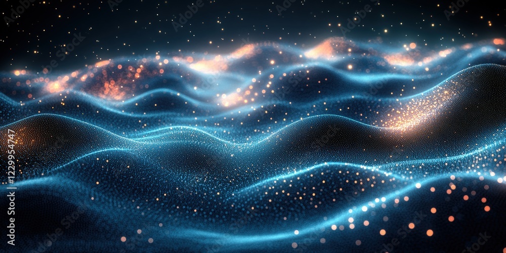 Poster computer screen displaying a dynamic wave pattern in vibrant colors and abstract design