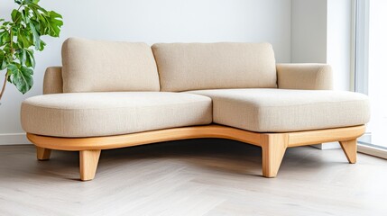 Modern Beige Sofa with Natural Wood Legs in Bright Living Space