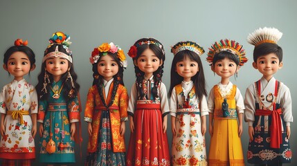 A colorful festival scene with people in traditional attire from different cultures, celebrating diversity together