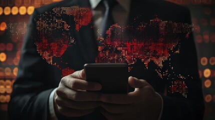A businessman holding a smartphone with a world map and communication symbols appearing on the screen