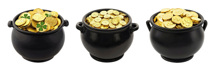 Collection set of black pots filled with gold coins isolated on transparent or white background, png
