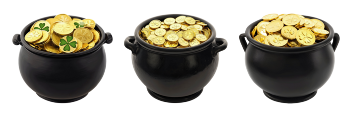 Collection set of black pots filled with gold coins isolated on transparent or white background, png