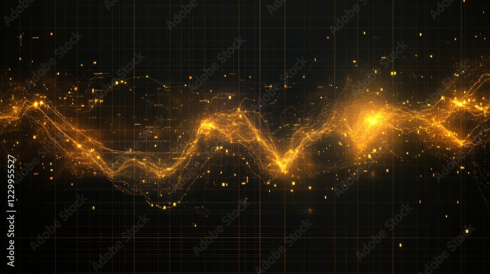Fototapete a financial chart with a golden price trend line and glowing data points, set on a dark grid backgro
