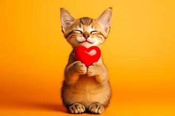Commercial image. Cute chausie feline infant with domestic animal toy red heart - sign of love, funny greeting card. Chausie - my beloved cat. Adorable cat valentine's. Red heart cat.