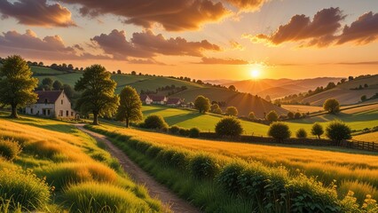 Obraz premium A warm and inviting scene of a golden hour sunset over a tranquil countryside.