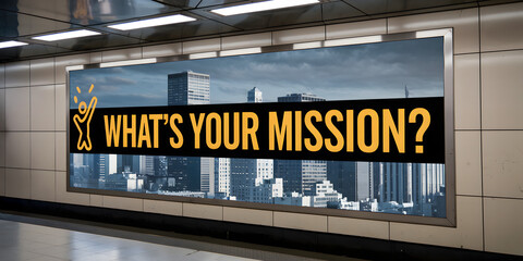 Obraz premium WHAT’S YOUR MISSION? text displayed on a sleek subway billboard with a city skyline backdrop, featuring a glowing figure icon, symbolizing vision and career goals. 