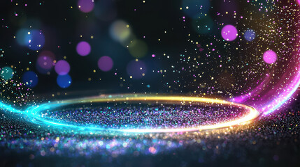 Colorful sparkling particles create magical atmosphere with vibrant lights and glowing circular effect, evoking sense of wonder and joy