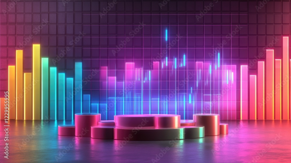 Poster a glowing stock portfolio summary with performance metrics on a colorful background.