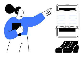 Woman pointing at mobile device displaying open book, holding tablet. Ideal for education, mobile learning, technology, digital libraries, reading, online study virtual classrooms. Abstract line