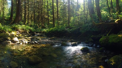 Obraz premium Sunlit forest stream, mossy banks, tranquil nature scene, ideal for travel brochure