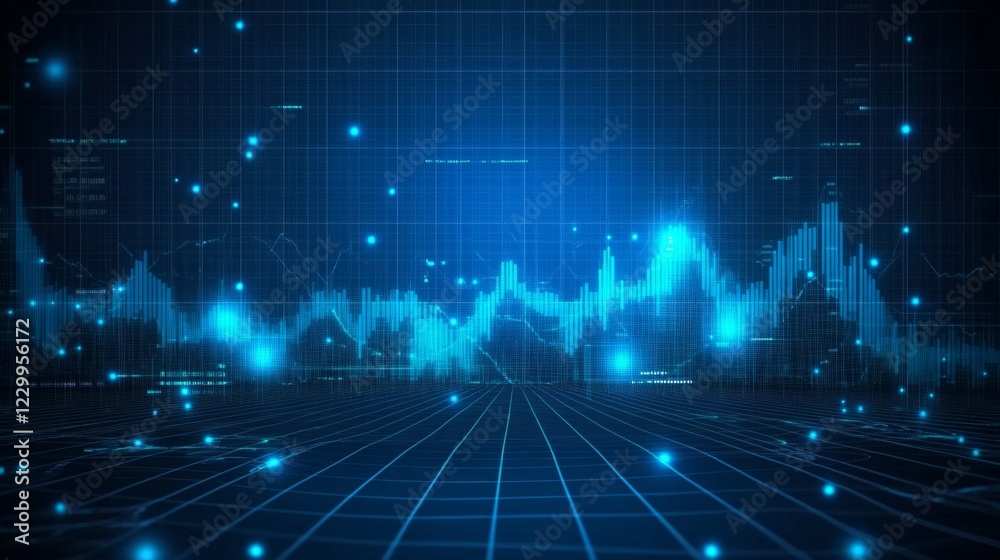 Aufkleber A financial stock market graph with fluctuating lines and bar indicators, set against a deep blue background with glowing data points and gridlines