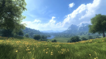 Fototapeta premium A serene landscape featuring rolling green hills, a calm river, and distant mountains under a bright blue sky filled with fluffy clouds, Ideal for nature-related projects, advertising