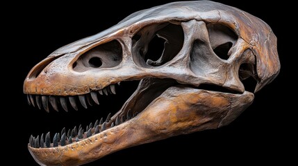 A detailed close-up of a dinosaur skull, showcasing its intricate features and textures, This image can be utilized in educational materials, exhibits, posters