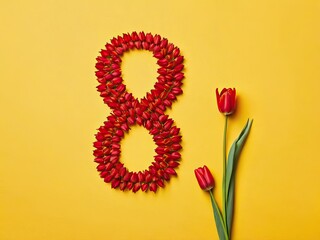 Fototapeta premium Number 8 made of red tulips, yellow background, March 8th celebration