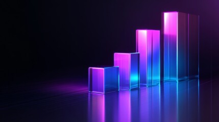 A futuristic D bar graph with glowing neon bars in purple and blue tones, positioned on a reflective dark background with subtle light reflections