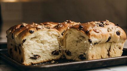 Traditional cozonac with chocolate and walnut filling on wooden board