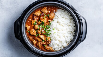 Hearty Chili Con Carne with Fluffy White Rice in a Black Bowl