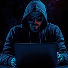 Mysterious Figure in Hoodie Using Laptop with Dark Atmosphere