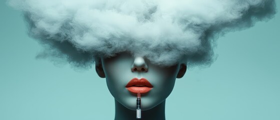 A surreal depiction of a faceless figure with a cloud and syringe, exploring themes of identity.