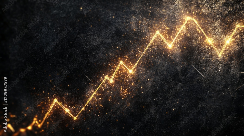 Poster A glowing line chart with a golden line trending upward, set on a textured black background for a sense of luxury and financial growth