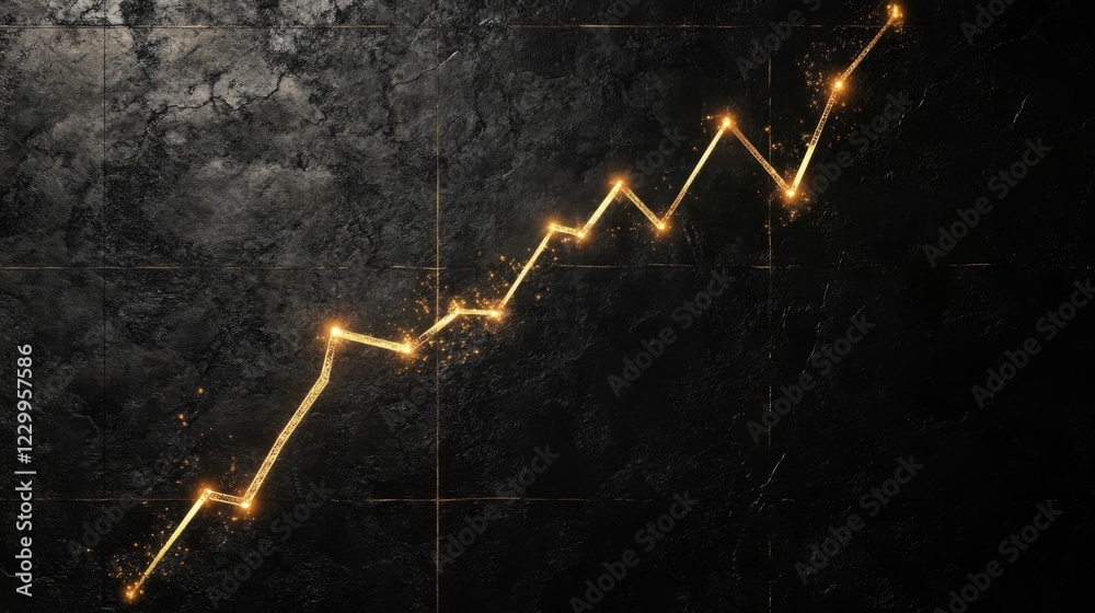Aufkleber a glowing line chart with a golden line trending upward, set on a textured black background for a se