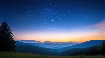 Fototapeta premium A serene landscape at dusk featuring rolling mountains beneath a starry sky, perfect for travel blogs, nature documentaries, or relaxation themes, This image evokes tranquility and awe,