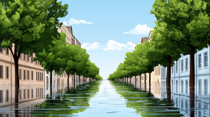 Obraz premium serene city street submerged in water, lined with lush green trees, reflects calm sky