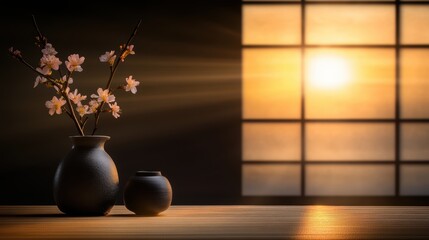 A serene composition featuring two elegant vases with delicate flowers, backlit by a warm sunset streaming through a window, Ideal for meditation, home decor, or nature-themed projects,