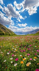 Fototapeta premium Vibrant Meadow Filled with Blooming Wildflowers Under a Bright Sky and Fluffy Clouds