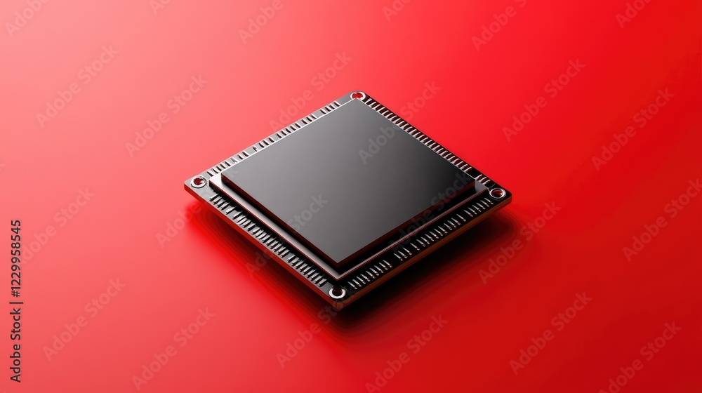 Poster a high-tech cpu processor chip with metallic details placed on a bright red background.