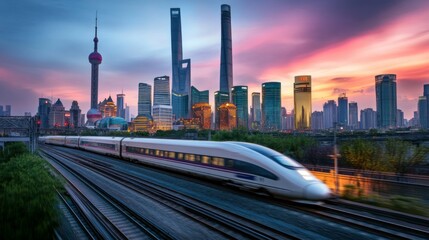 Naklejka premium A high-speed train passing through a vibrant urban area, with modern skyscrapers and busy streets in the background, highlighting city life and innovation