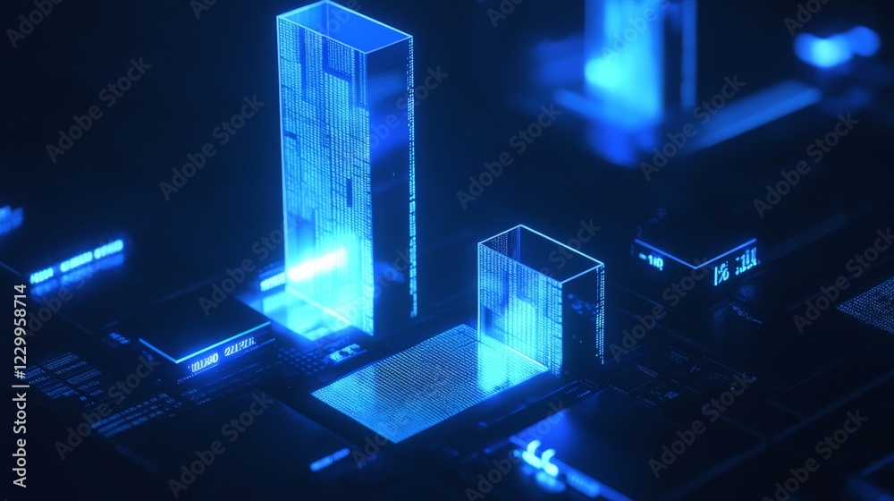 Aufkleber a high-tech d bar graph with glowing blue bars and digital numbers floating around them, symbolizing