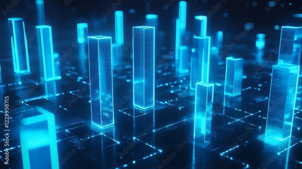 Fototapete A high-tech D bar graph with glowing blue bars and digital numbers floating around them, symbolizing complex financial data and analysis.