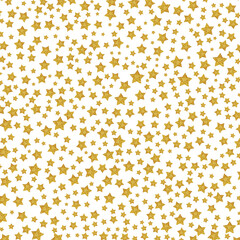 Gold Glitter Stars on Transparent Background. A pattern of gold glittering stars of different sizes, evenly distributed across a transparent background, creating a sparkling effect.

