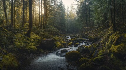 Fototapeta premium Sunlit Forest Stream, Mossy Rocks, Calm Water, Pacific Northwest