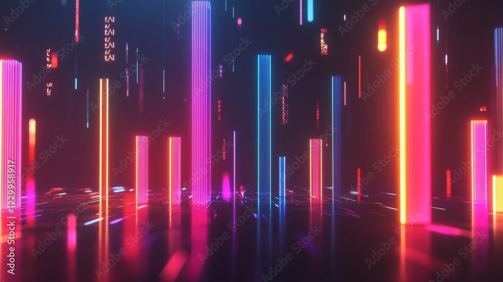 Leinwandbilder A high-tech bar chart featuring glowing neon bars, representing financial trends, set against a dark backdrop with floating data labels and percentage points.