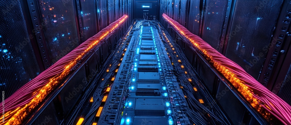 Poster large server room filled with multiple server racks and equipment for data processing and storage