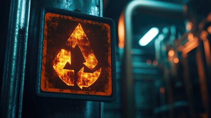 Fototapeta premium A high-voltage warning symbol glowing against an industrial metal background.