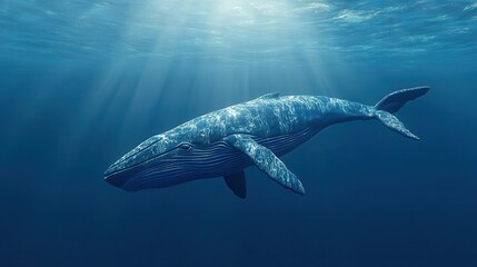 Fototapeta premium Majestic Blue Whale Glides Through the Depths of the Ocean Sunlight